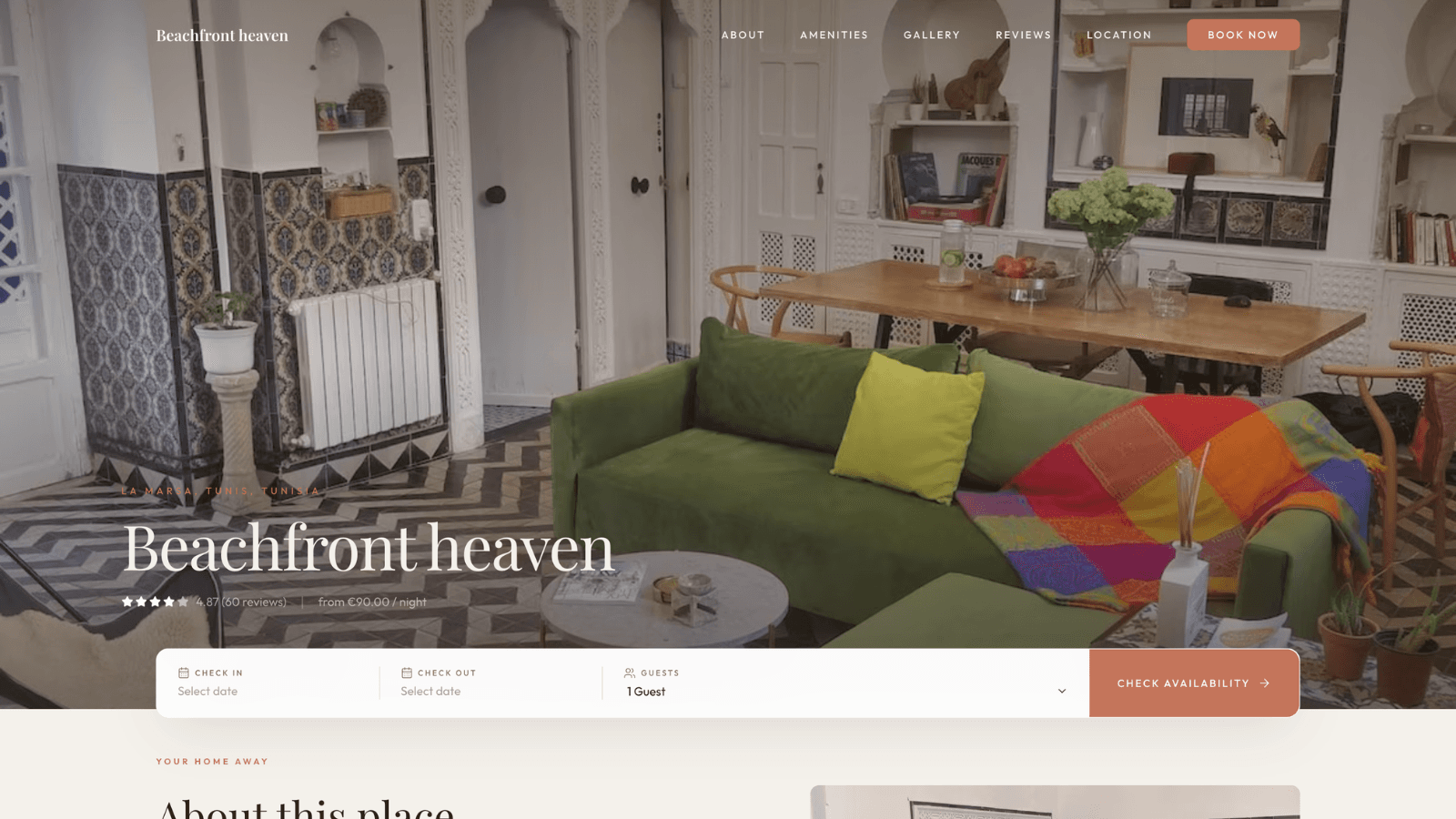 Guest-facing property website with hero image, navigation, gallery, booking form, and reviews